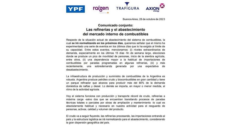Comunicado de las empresas refinadoras de petróleo