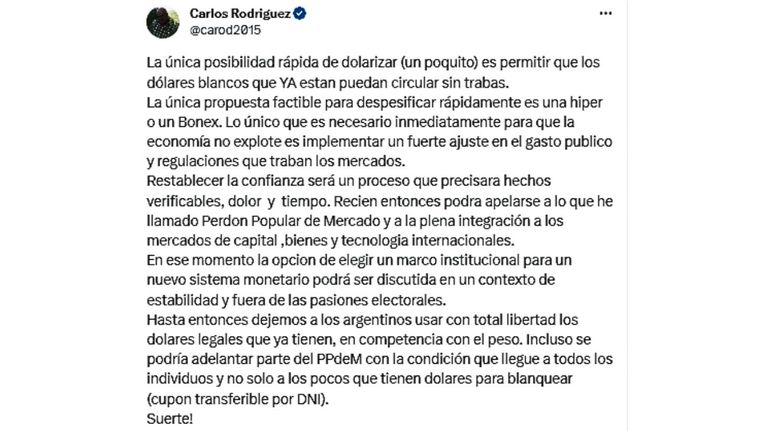 Tuit de Carlos Rodriguez, asesor de Milei 20230907