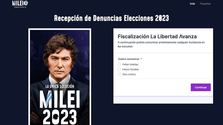 Sitio milei2023.com.ar, formulario para denunciar irregularidades 20231022
