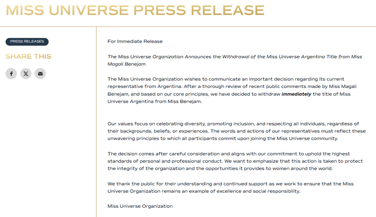 Comunciado Miss Universe