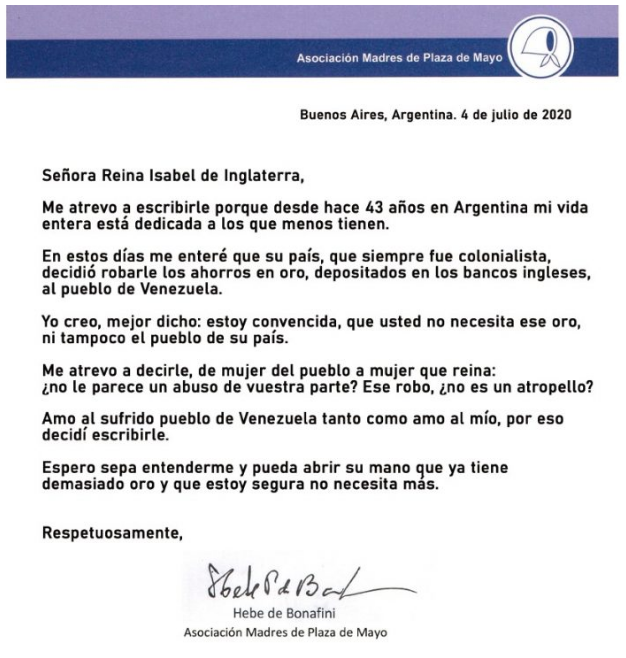 Carta de Bonafini a la Reina de Inglaterra.
