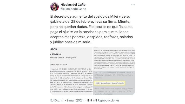 Tweet de la oposición contra el aumento de Milei