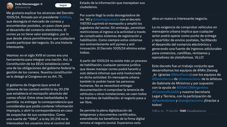 Federico Sturzenegger defendió la desregulación del servicio de correos