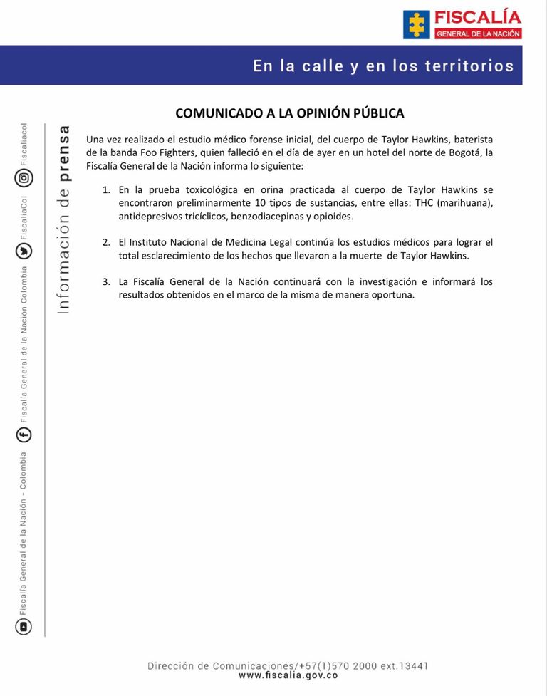 El informe de la autopsia de Taylor Hawkins.