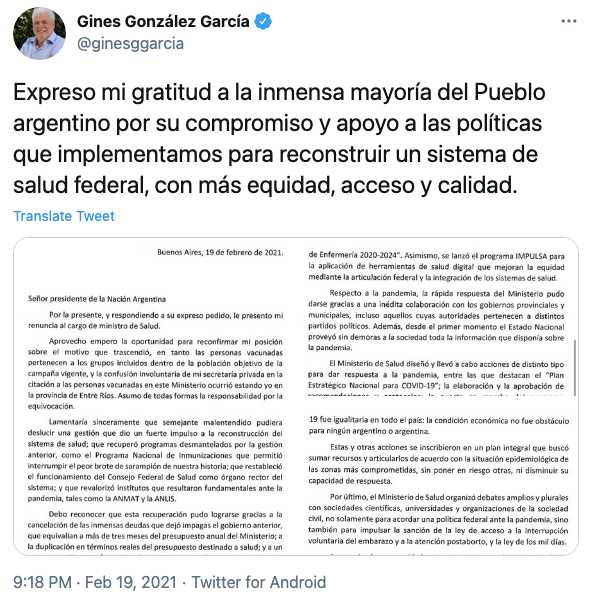 Tweet del ex ministro Ginés González García.