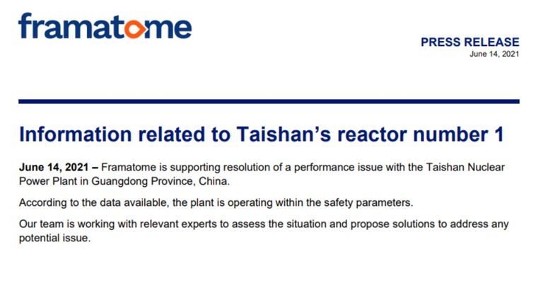 El breve comunicado de Framatone, el fabricante francés del reactor que opera en la planta nuclear china de Taishan.