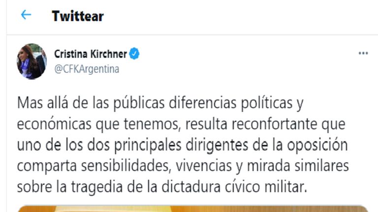 Tuit de Cristina Kirchner sobre Larreta