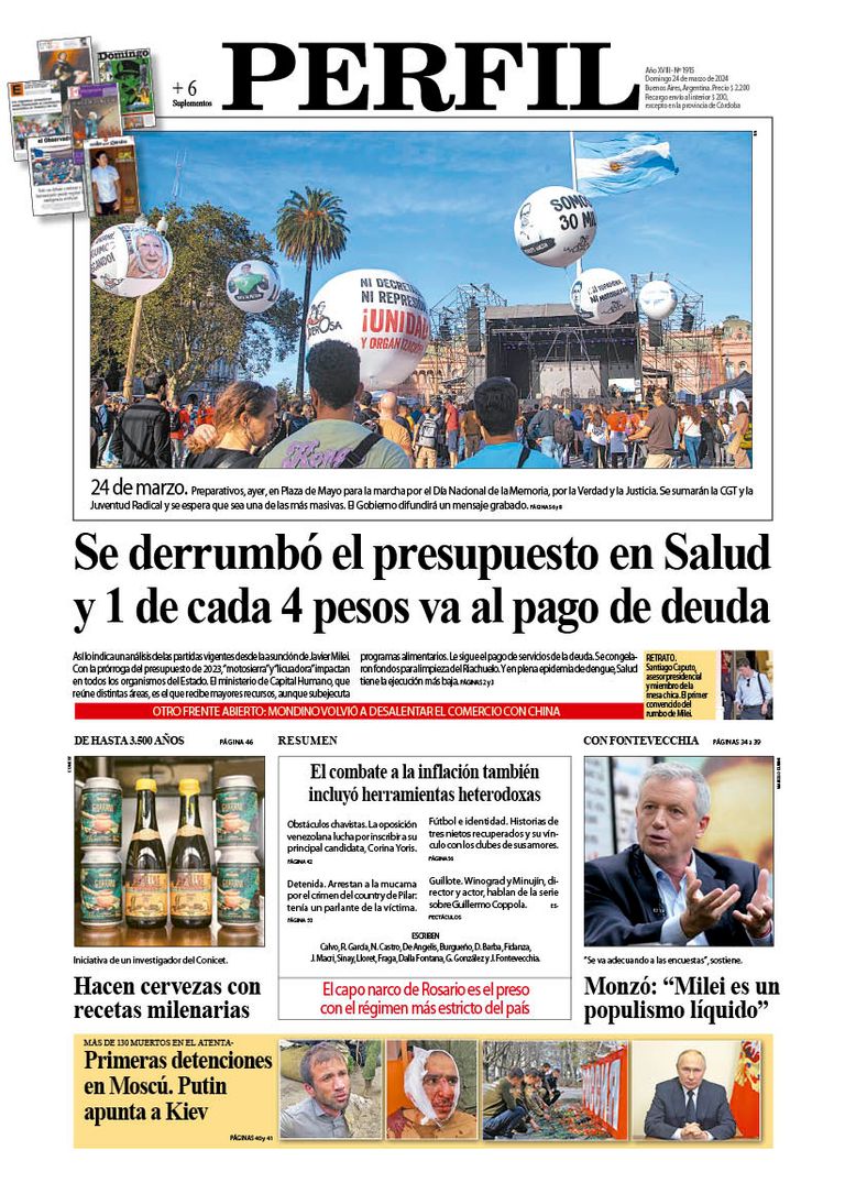 La tapa del Diario PERFIL del domingo 24 de marzo de 2024