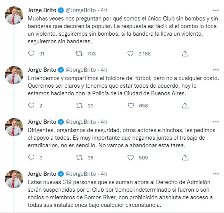 Tweet de Jorge Brito contra la barra de River 20220404