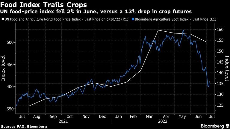 UN food-price index fell 2% in June, versus a 13% drop in crop futures