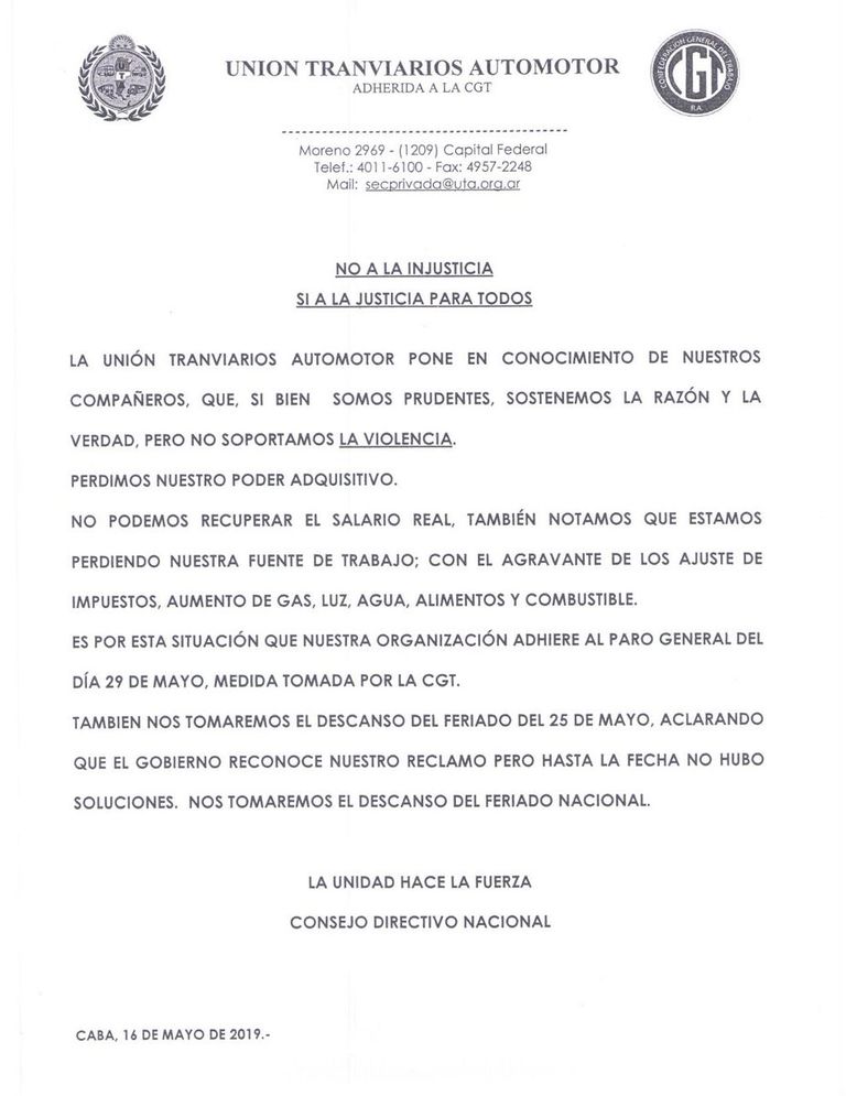 Comunicado UTA 25 de mayo