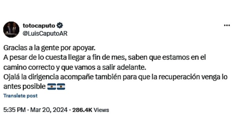 Tuit de Luis Caputo 20240320
