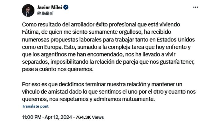 Milei rompió con Fátima 20240412
