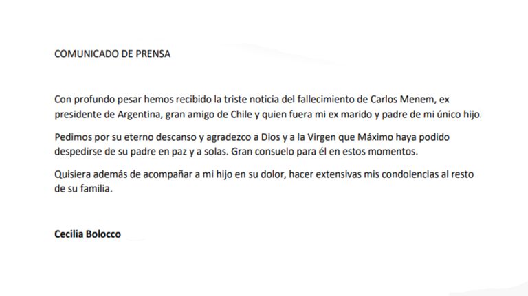 Comunicado Bolocco Muerte Menem
