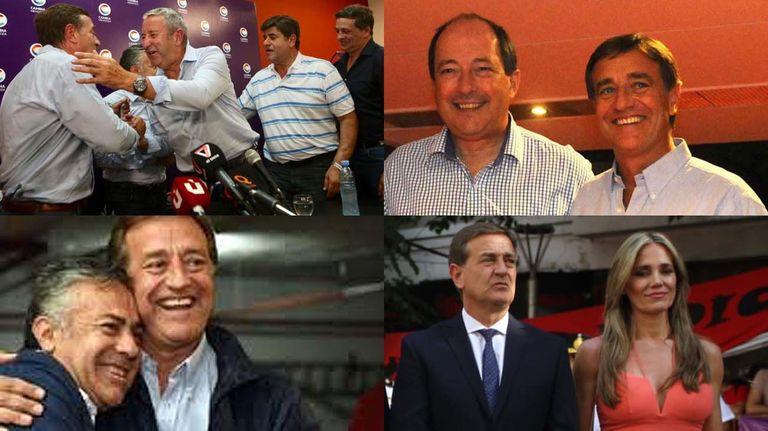 Rodolfo Suárez, en distintos momentos: con Cobos, Sanz, Cornejo y con su mujer, Fabiana Calleja.