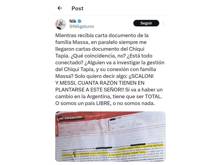 Tweets de Nik contra Malena Galmarini y Tomás Massa 20231204