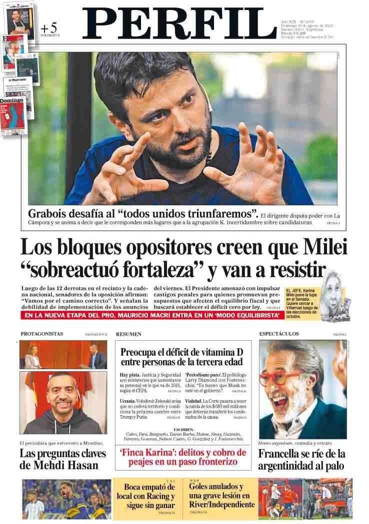 La tapa del Diario PERFIL del domingo 10 de agosto de 2025.