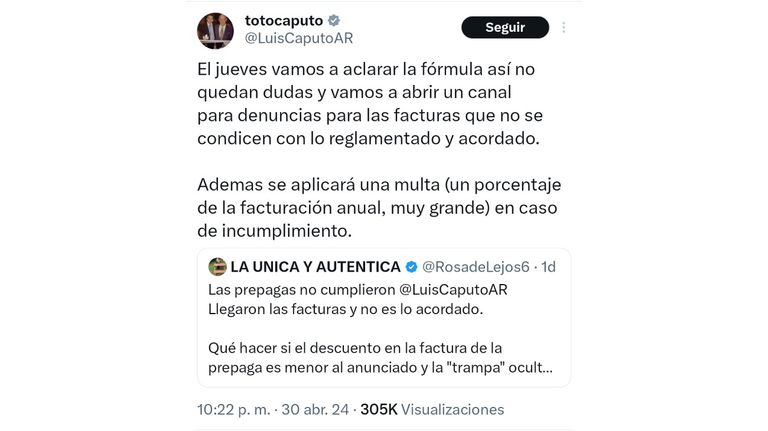 Luis Caputo sobre las prepagas