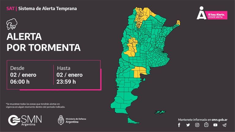 Emiten alerta amarilla en once provincias por tormentas intensas