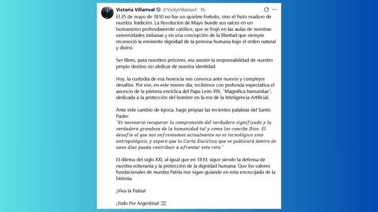 El mensaje de Victoria Villarruel tras no haber sido invitada al Tedeum del 25 de Mayo