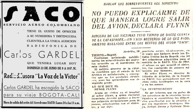 Afiche SACO y artículo El Tiempo accidente Gardel