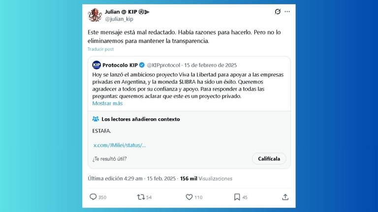 Tuit de Julian Peh que indica que el mensaje de KIP Protocol estaba mal escrito y tenía razones por las cuales lo publicaron