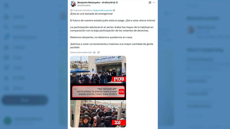 En sus tuits, Benjamin Netanyahu comparte imágenes de multitudes árabes haciendo cola para votar en Israel.