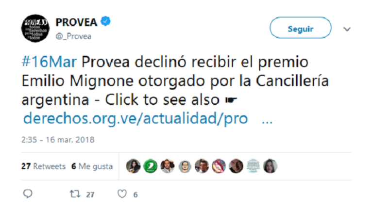 El tuit de Provea.