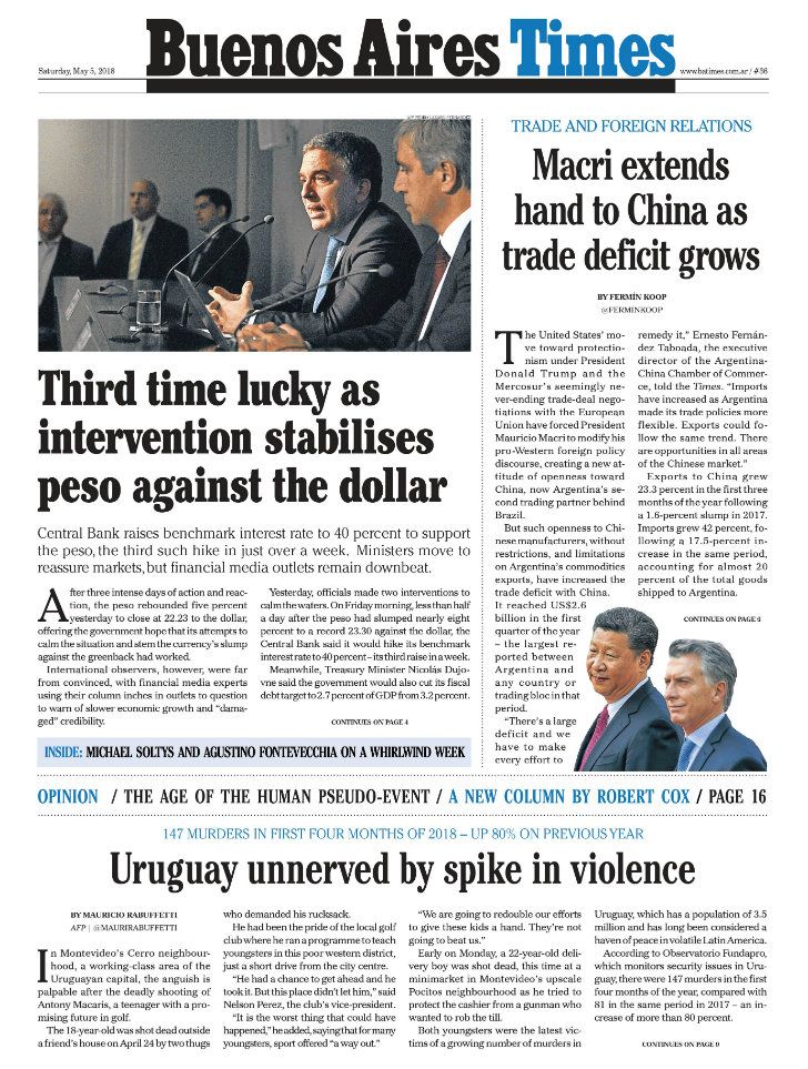 La tapa de Buenos Aires Times de este sábado
