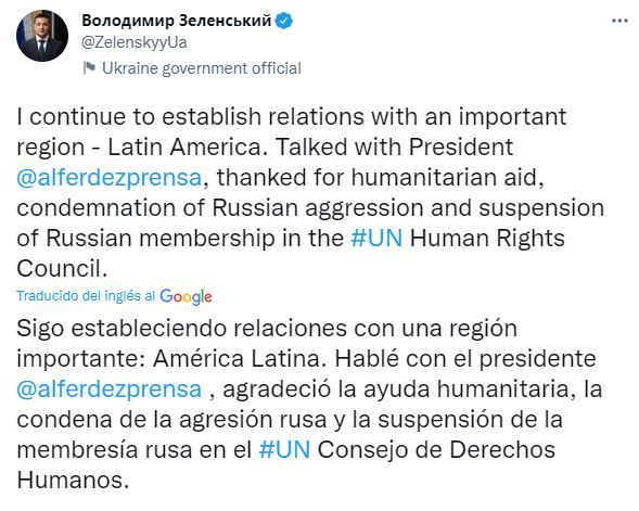 Fernández se comunicó con Zelenski.