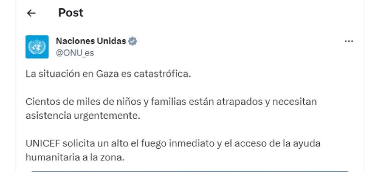 Posteo UNICEF por la paz en Gaza