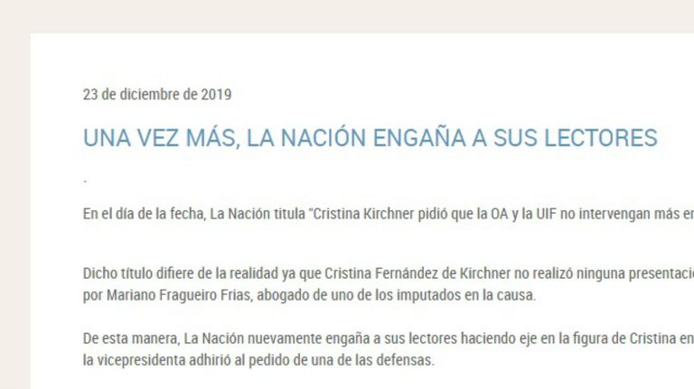 Comunicado del Senado con la crítica al diario La Nación