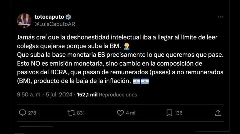 Mensaje de Luis Toto Caputo