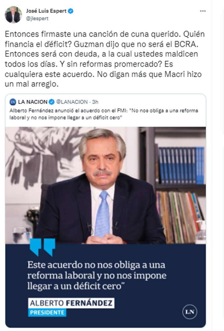 El Tweet de Espert sobre el acuerdo con el FMI