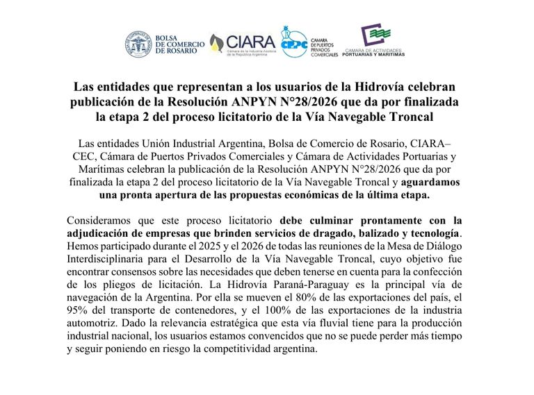 Comunicado de las entidades que representan a los usuarios de la Hidrovía