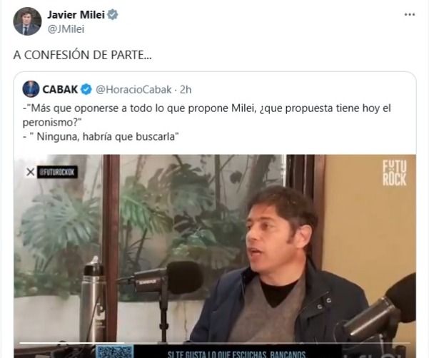 Javier Milei burlándose de Axel Kicillof