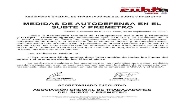 Comunicado Paro de Subtes