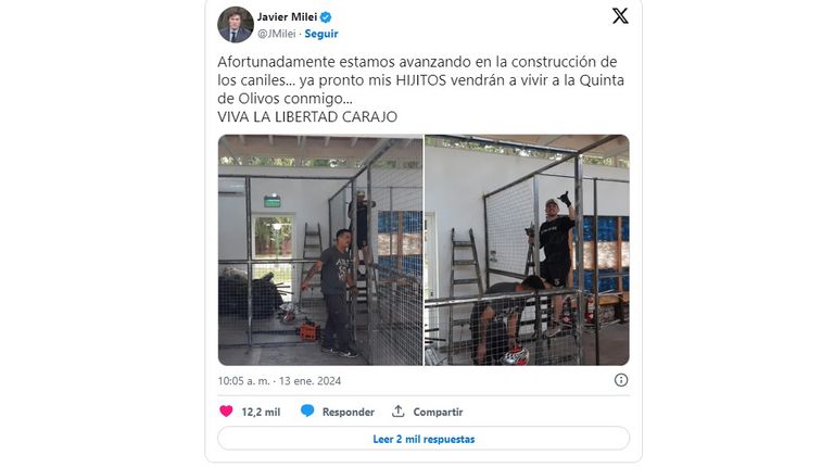 El posteo de Milei, satisfecho con el avance de los caniles en Olivos.