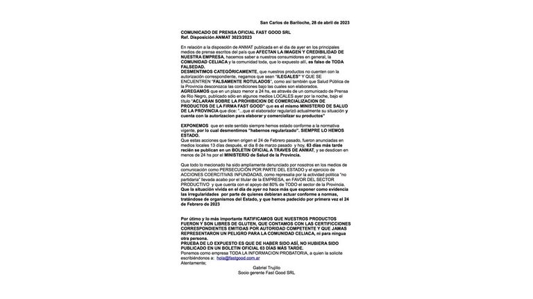 Comunicado de Fast Good SRL