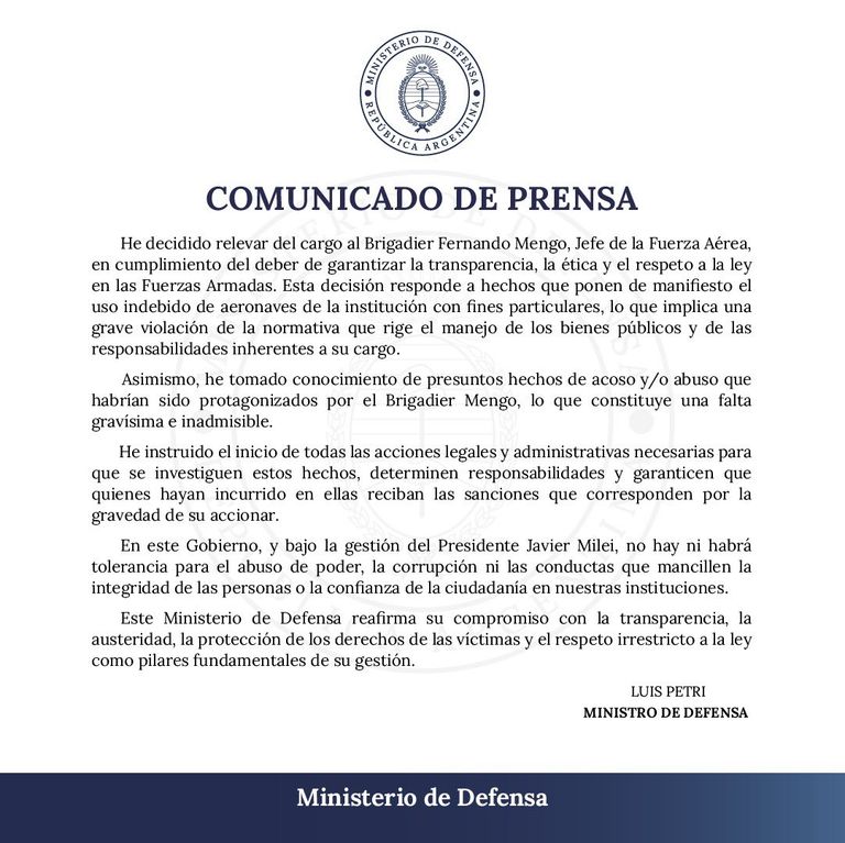 El comunicado del Ministerio de Defensa