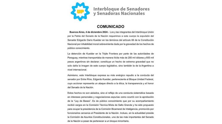 Senadores de UxP Tweet 20241204