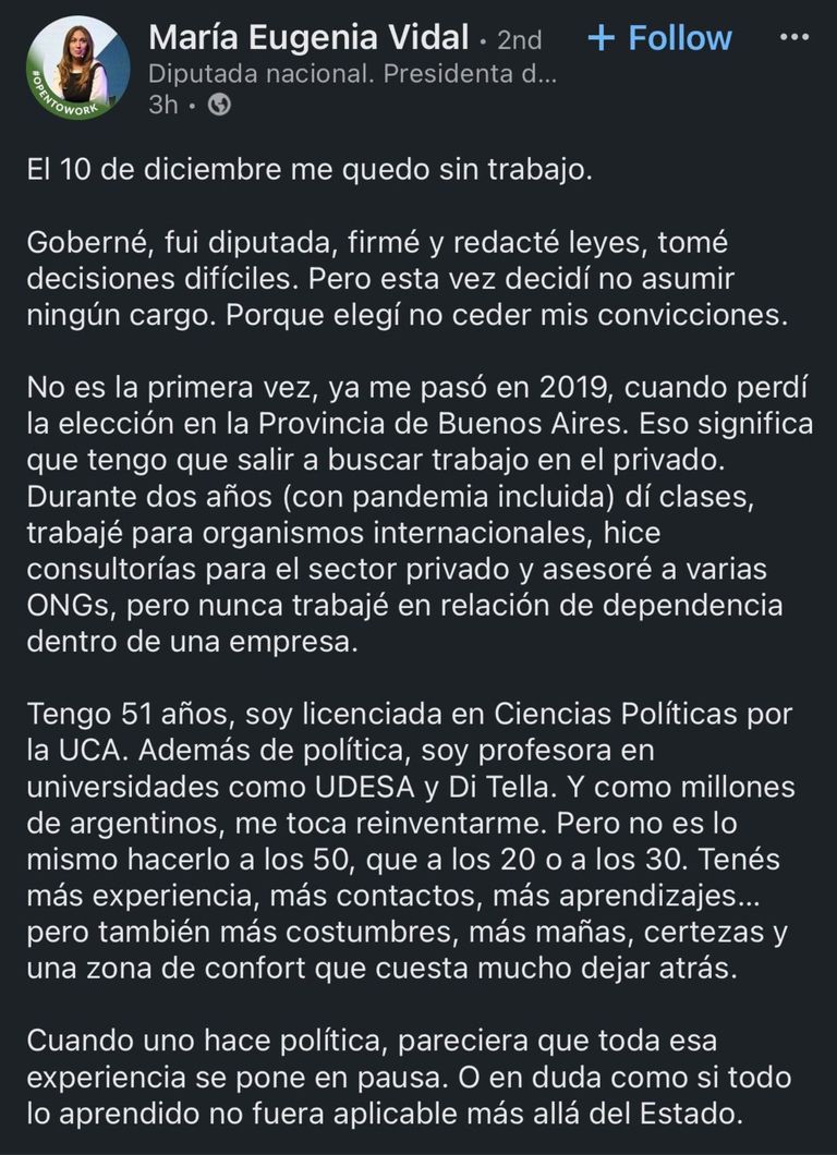 “Me quedo sin trabajo”: afuera de las listas, María Eugenia Vidal salió a buscar empleo en Linkedin
