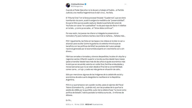 Tweet de Cristina Kirchner