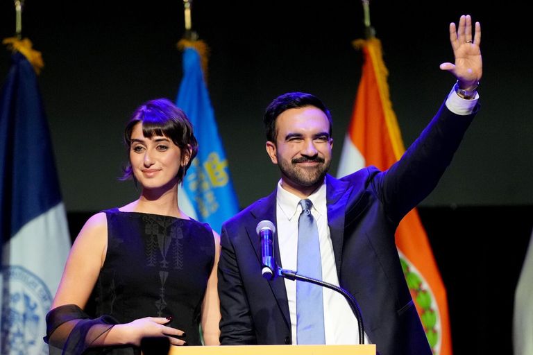 Zohran Mamdani and his wife Rama Duwaji at an election night event in Brooklyn, New York.