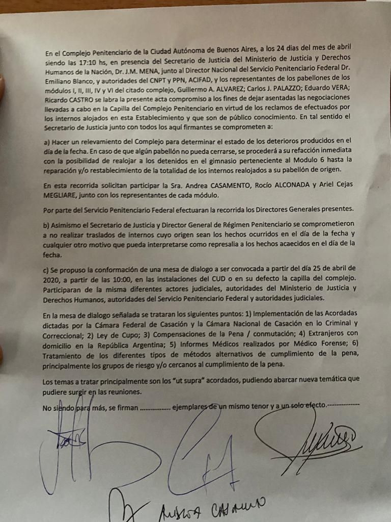 Acta acuerdo sobre el motín en el penal de Devoto.