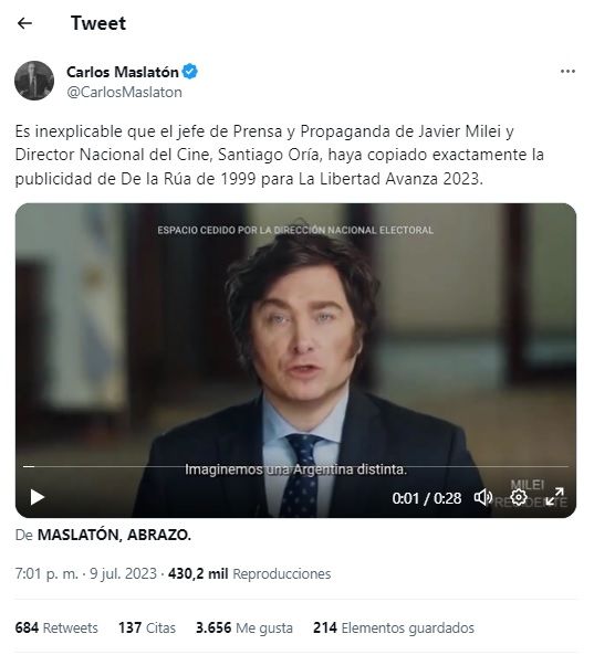 Maslatón acusó al equipo de Javier Milei de haber copiado los spots de campaña de Fernando de la Rúa