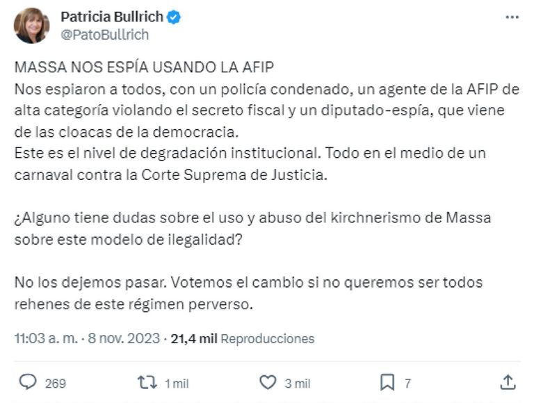 Tweet de Patricia Bullrich 20231108