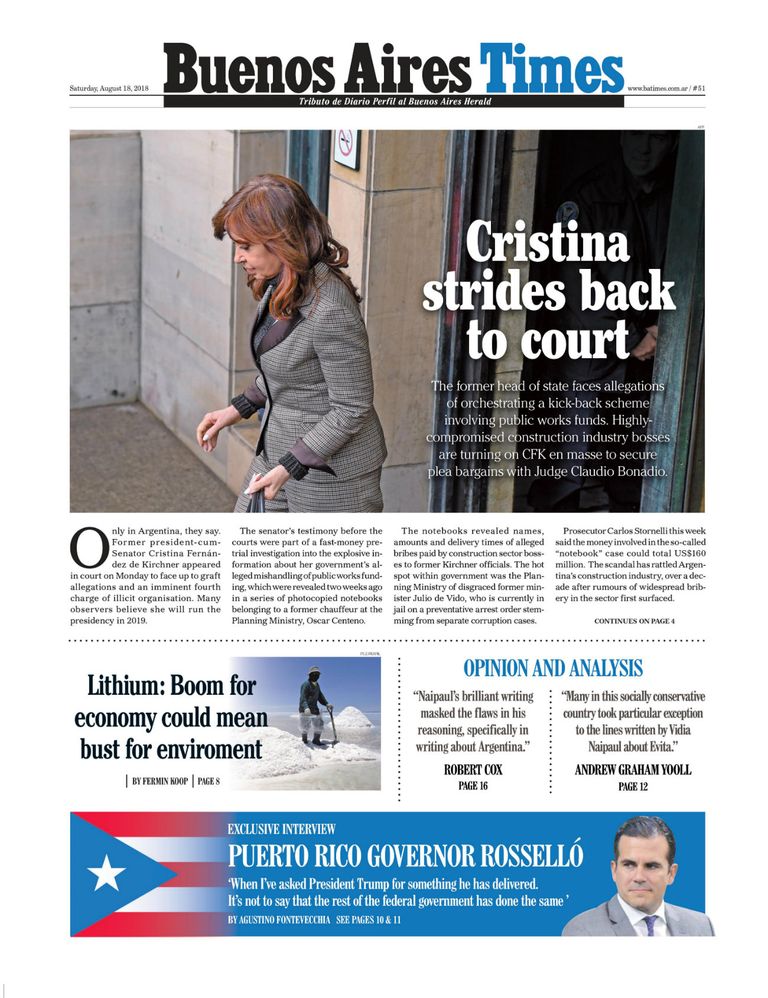 La tapa de Buenos Aires Times de este sábado 20180818