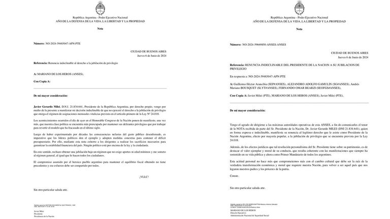 Renuncia a la jubilación de privilegio del presidente Javier Milei. 