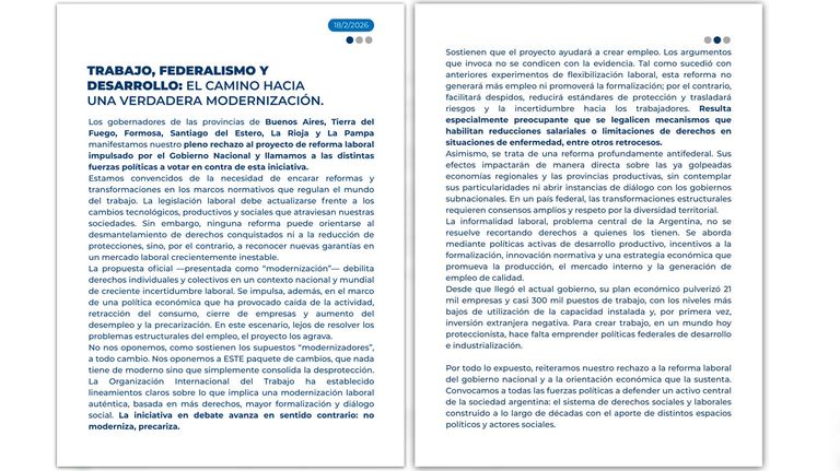 Comunicado: TRABAJO, FEDERALISMO Y DESARROLLO 18022026